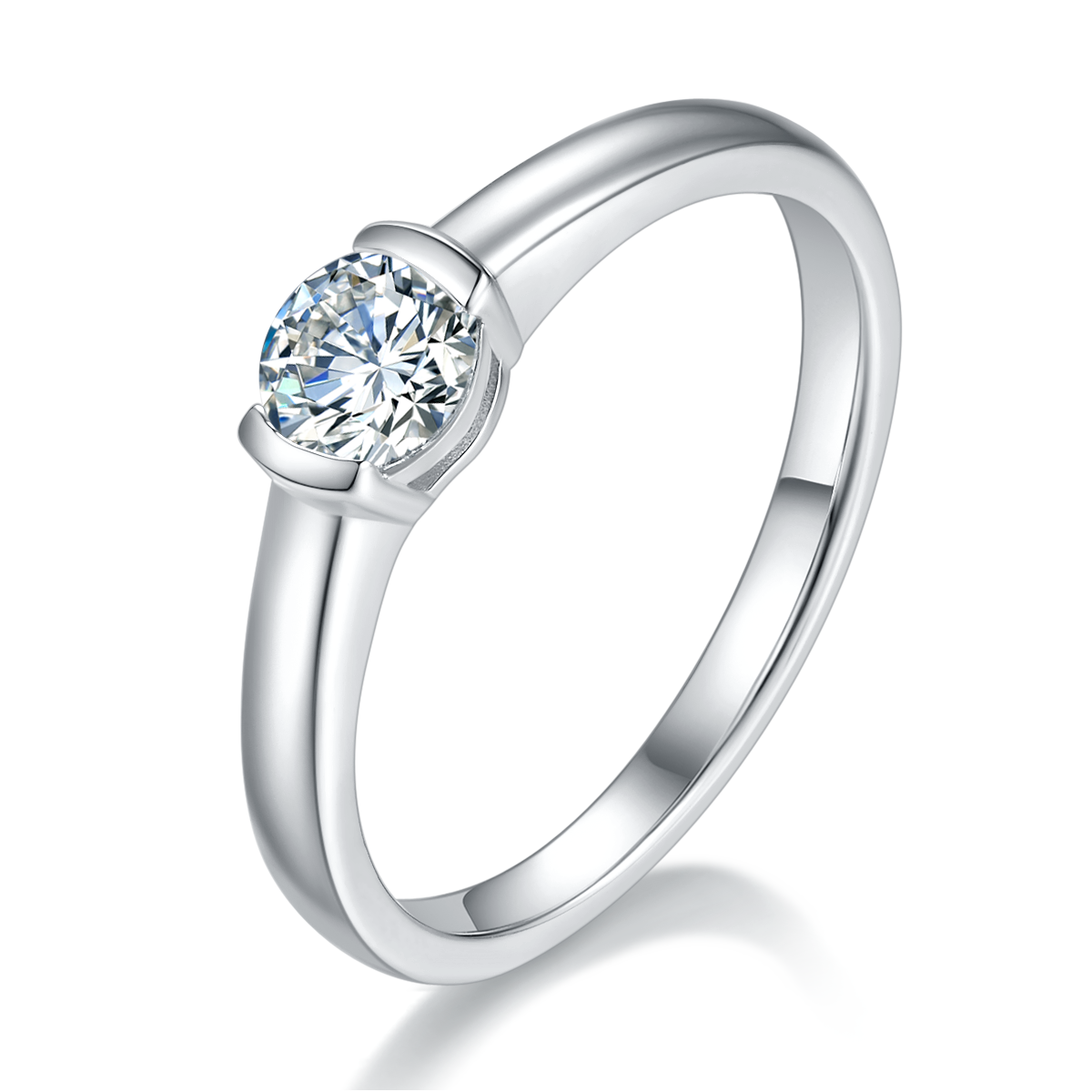 Simple round S925 silver plated white gold moissanite diamond women's ring 0.5 carat D-grade